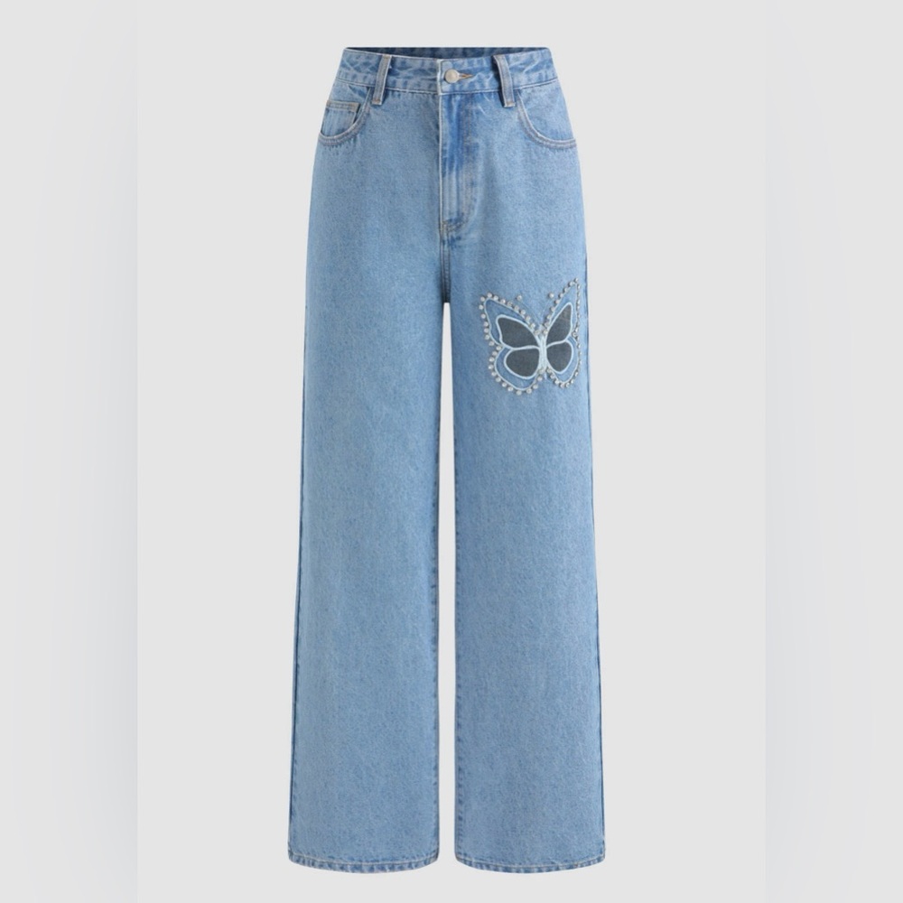 Butterfly cutout rhinestone jeans